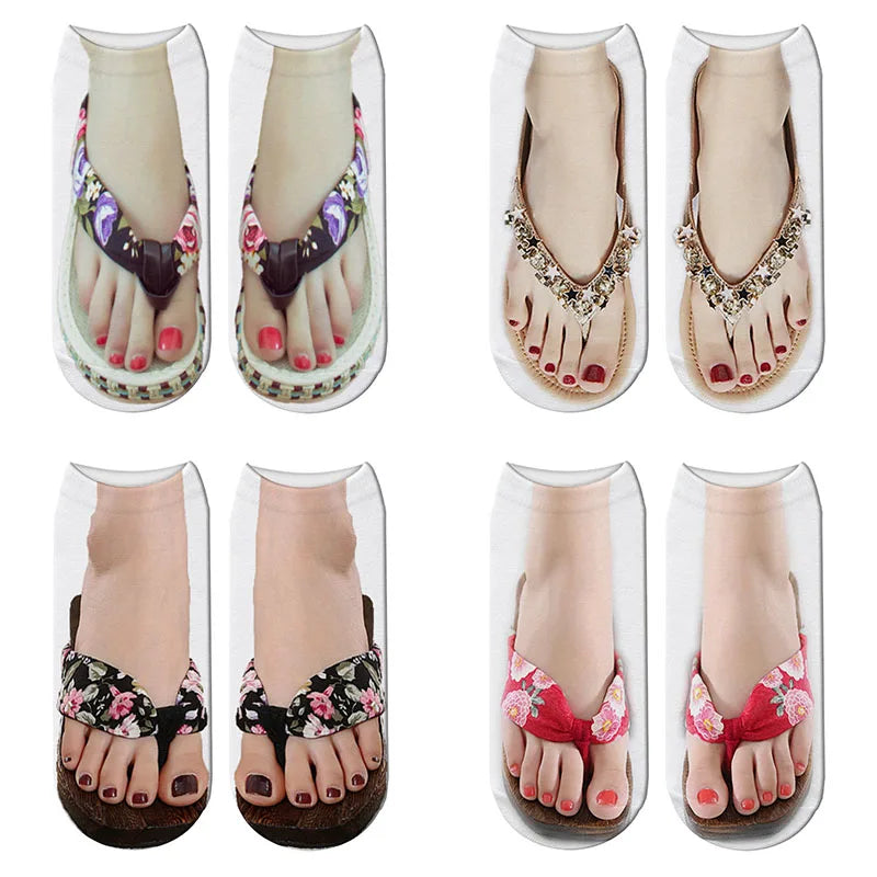 Funny 3D Printed Socks Flip Flops Slippers Sandals Skull Shoe Pattern Summer Cute Kawaii Low Short Soft  Ankle Beach Floor Socks