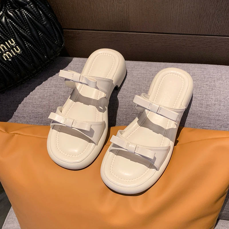 Summer Women Platform Slide Sandals Bow Decor Open Toe Non Slip Soft Sole Casual Shoes for Daily Outdoor Beach Vacation Wear
