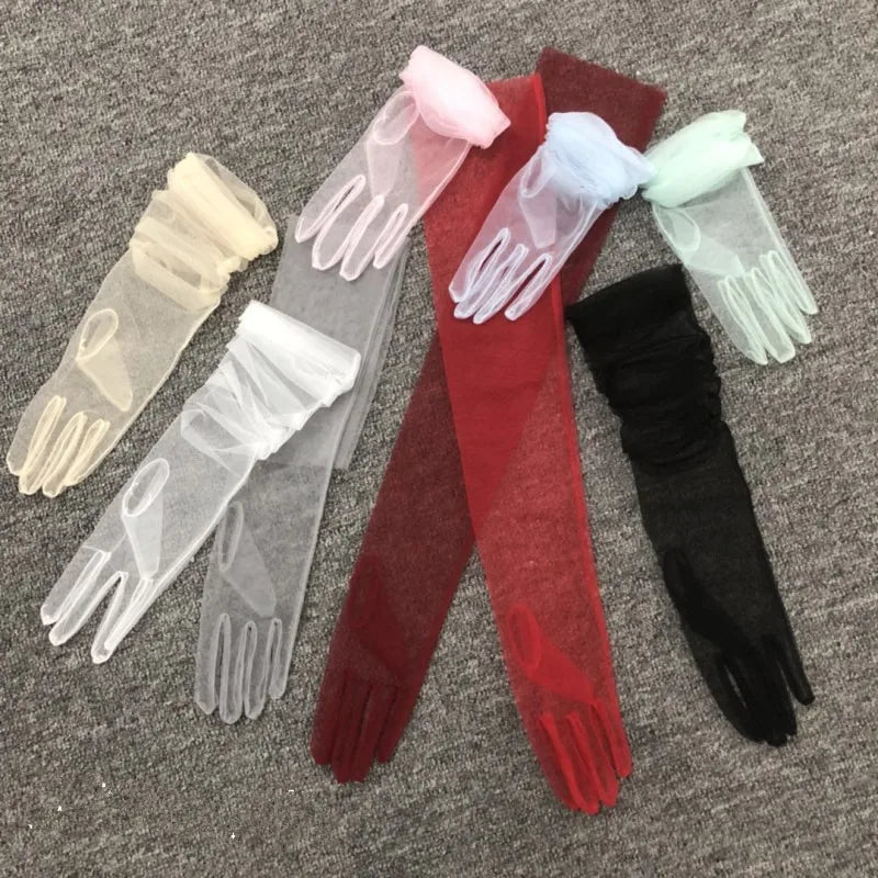 Women Long Sheer Tulle Gloves for Bridal Wedding Accessories Party Transparent Finger Gloves