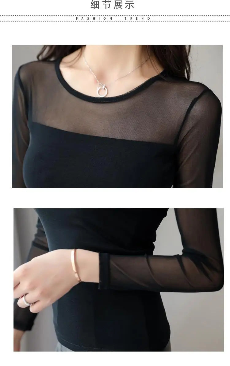 Mesh Bottoming Shirt for Women Long-sleeved T-shirt Autumn Winter New Korean Style Round Neck Slim Shirt with Tight Top Inside