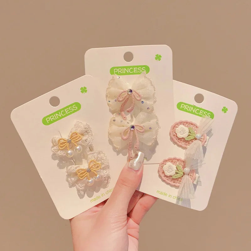 2PCS/Set Kids Headdress Sided Clips Lace Embroidery Flower Bow Hair Clips for Baby Girl Sweet Bowknot Princess Barrettes Hairpin