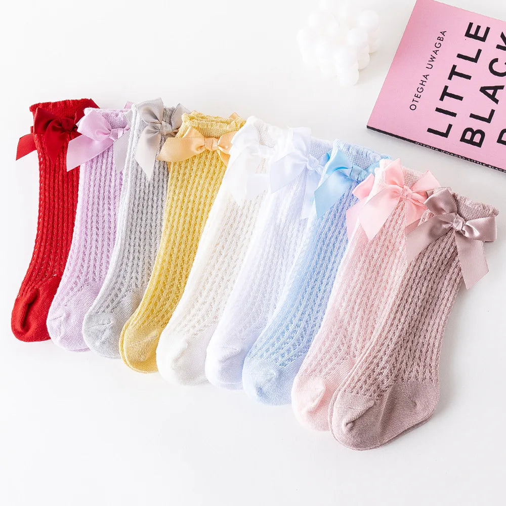 Simmer Spring Mesh Thin Cotton Korean Bow White Stockings Baby Princess Knee High Long Socks with Lace Ruffles for Newborn Girls