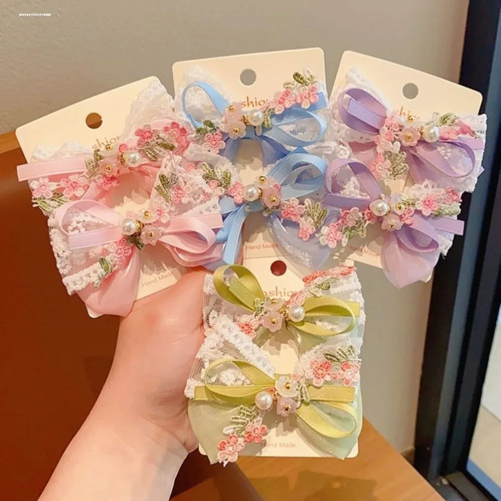 2pcs/Set Children Toddler Baby Girls Hair Bows Lace Pearl Cute Flower Floral Embroidery Lace Hair Clips Kid Hair Accessories