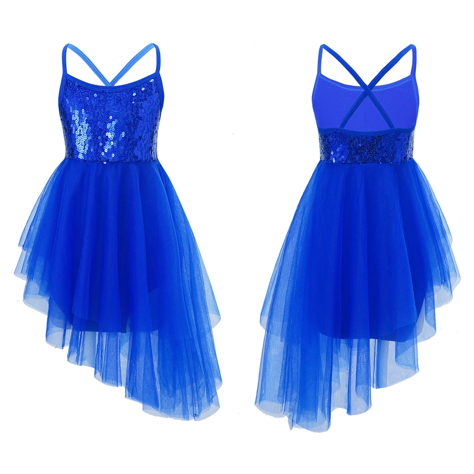 Girls Ballet Dress Lyrical Dance Gymnastics Skating Stage Performance Costume Shiny Sequin Mesh Tulle Leotard Tutu Dancewear