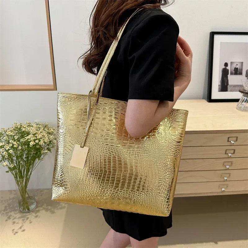 Fashion Casual Women Shoulder Bags Silver Gold Black Crocodile Handbag PU Leather Female Big Tote Bag Ladies Shopping Bag