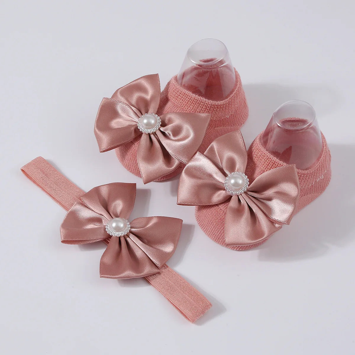 1Set New Baby Pearl Bowknot Headbands Socks Newborn Toddler Soft Prewalker Sock Girl Infant Cute Knitted Cotton Hairband Socks