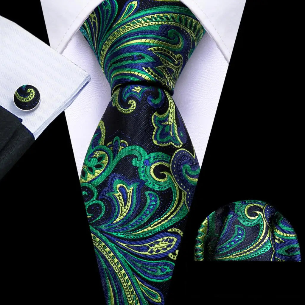Barry.Wang Green Mint Teal Men Tie Hanky Cufflinks Set Jacquard Olive Sage Lawn Cyan Necktie for Male Wedding Business Gift