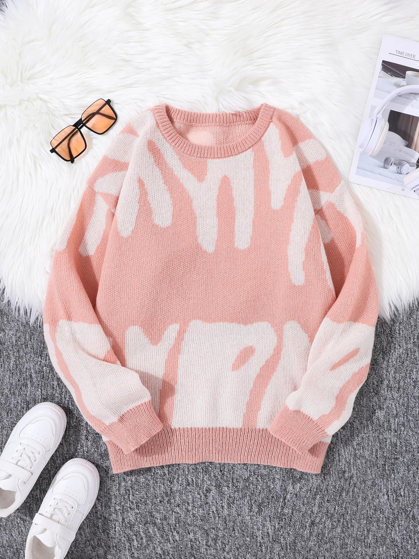 New Popular Autumn Winter Irregular Jacquard Pattern Pullover Sweater Casual Round Neck Contrast Color Knitted Men's Pullover