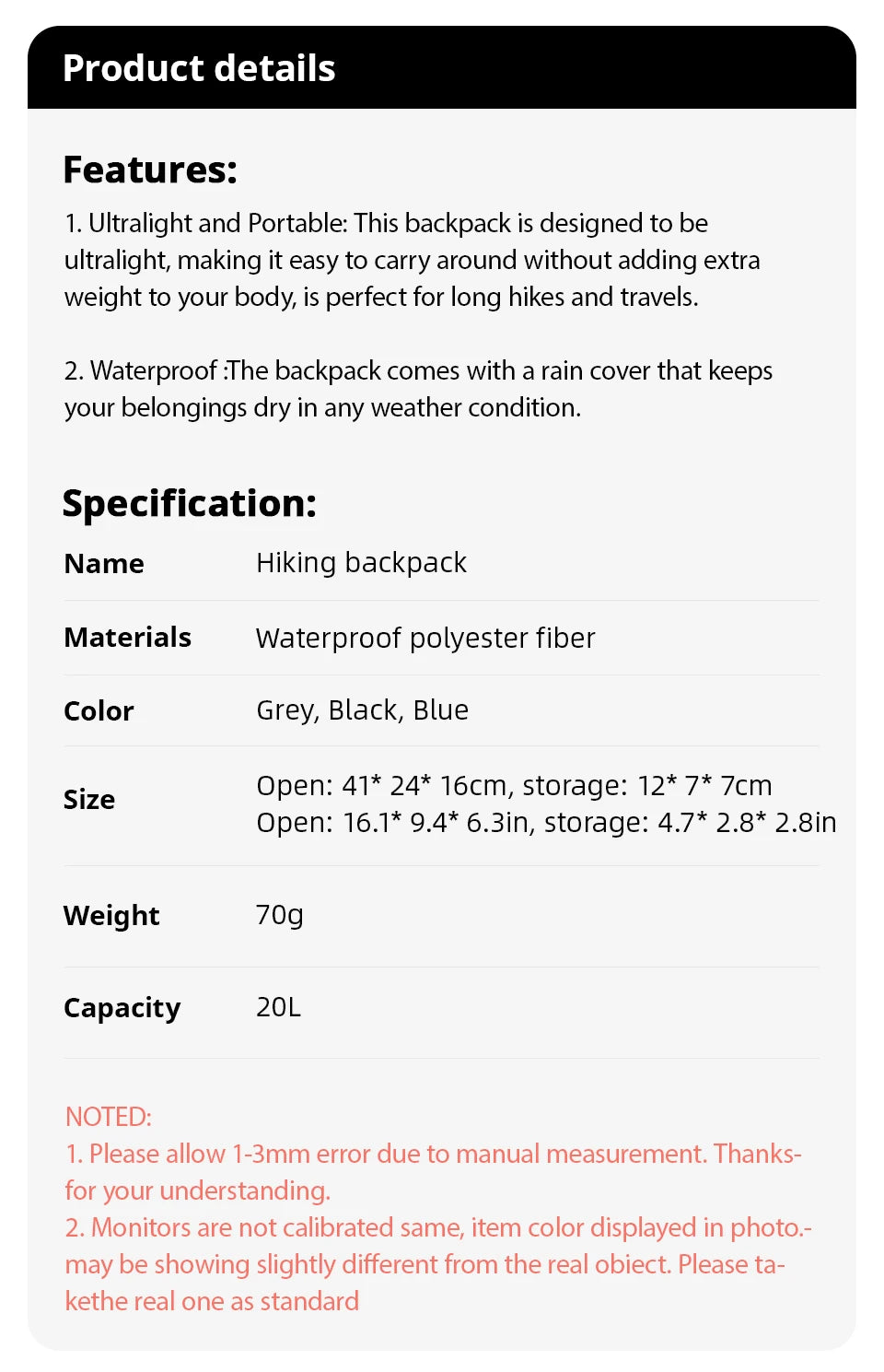 Outdoor Hiking Bag 20L Lightweight Portable Backpack Foldable Waterproof Folding Ultralight Pack for Women Men Travelling Hiking