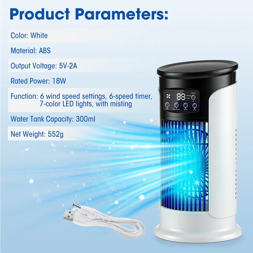Portable Air Conditioner Fan 6 Speeds Misting Humidifier USB Desktop Cooler LED Display Timer Home Office Personal Summer