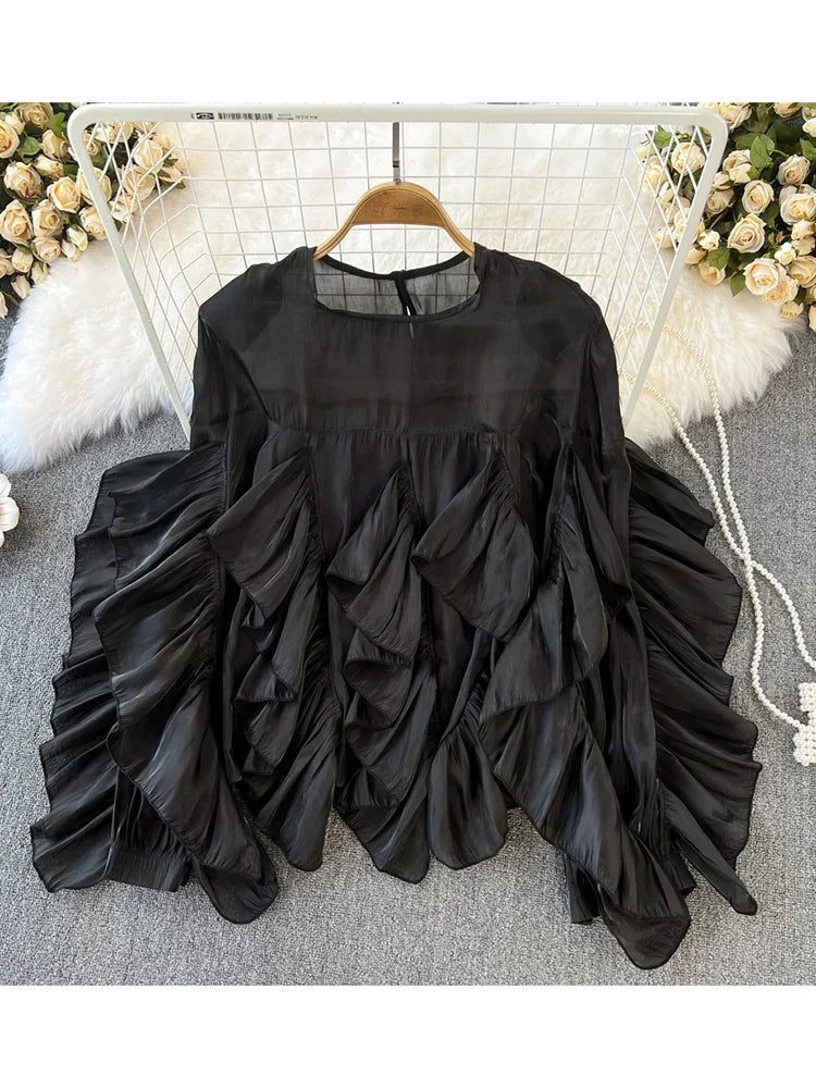 Women Spring Autumn Blouse New European American Vintage Round Neck Ruffle Loose Long Sleeved Foreign Style Irregular Top D2338