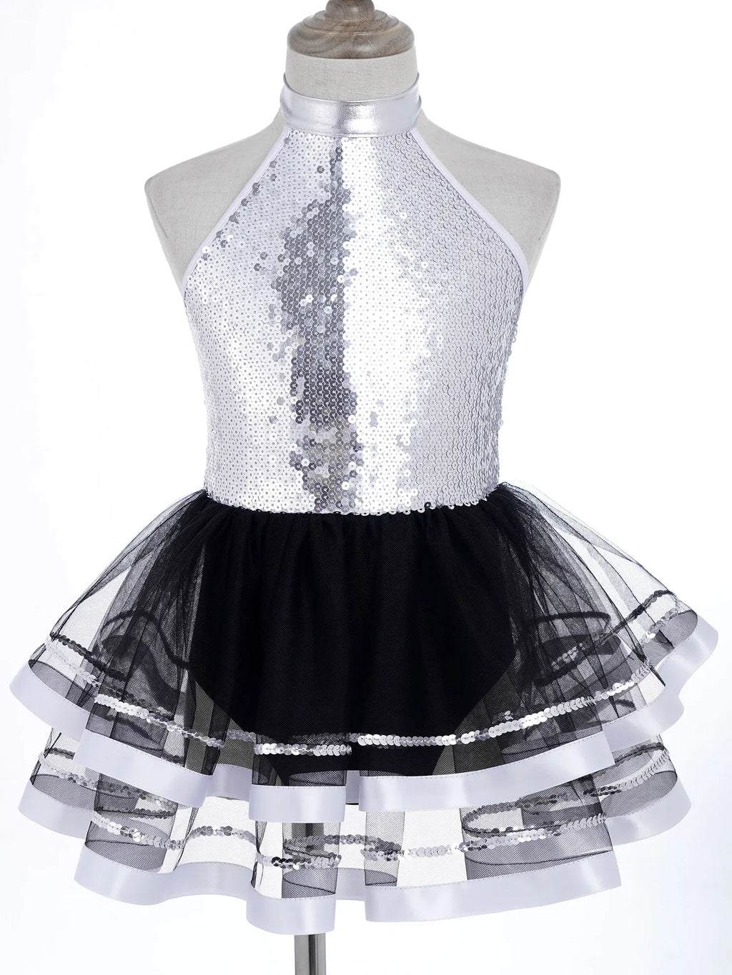 Jazz Dance Costume Kids Halter Shiny Sequins Gymnastics Unitards Dress Girls Ballet Leotard Tutu Stage Performance Clothing