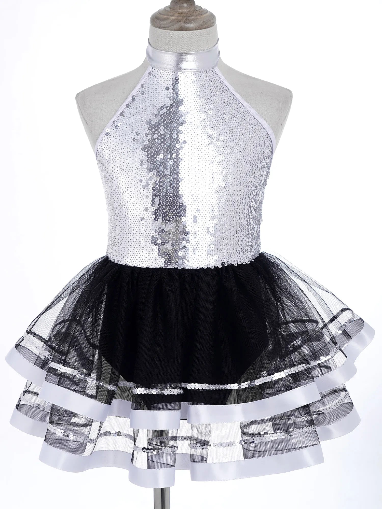 Jazz Dance Costume Kids Halter Shiny Sequins Gymnastics Unitards Dress Girls Ballet Leotard Tutu Stage Performance Clothing