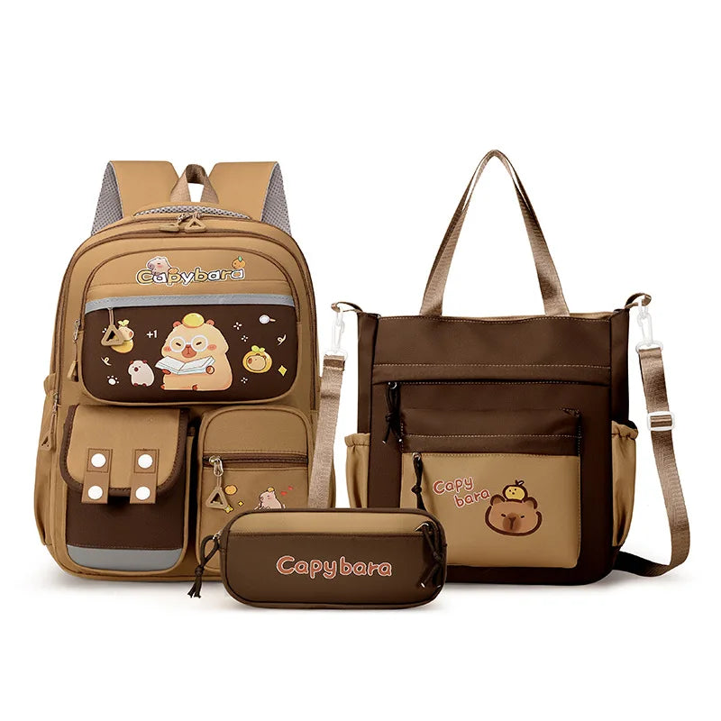Capybara School Backpack Teens Girls School Bags Set Casual Daypack Kids 3Pcs Book Bag Kawaii Children Schoolbag Travel Backpack