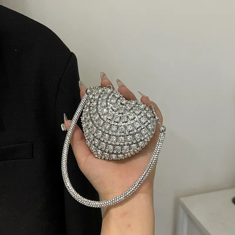 Luxury Mini Diamond Inlay Heart Shape Crystal Clutch Purse Stones Evening Wedding Party Shoulder Bag Handle Rhinestone Handbags