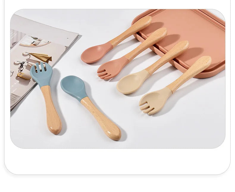 Spoons Baby Feeding Spoon Fork Wooden Handle Spoon Fork Set Soft Silicone Tip Spoon Fork BPA Free Food Grade Infant Toddlers