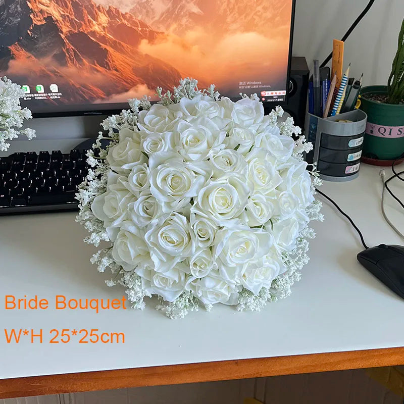 Bridal Bouquet Wedding Flowers Bridesmaids Silk Roses Fake Babys Breath Bride Wedding Accessories Table Centerpiece Decoration