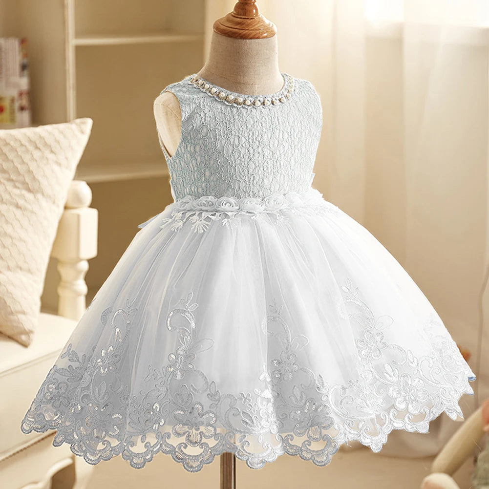 Infant Baby Flower Dress Toddler Girls Sleeveless Pearl Princess Pageant Birthday Lace Wedding Dress Children Formal Gown 6-24M