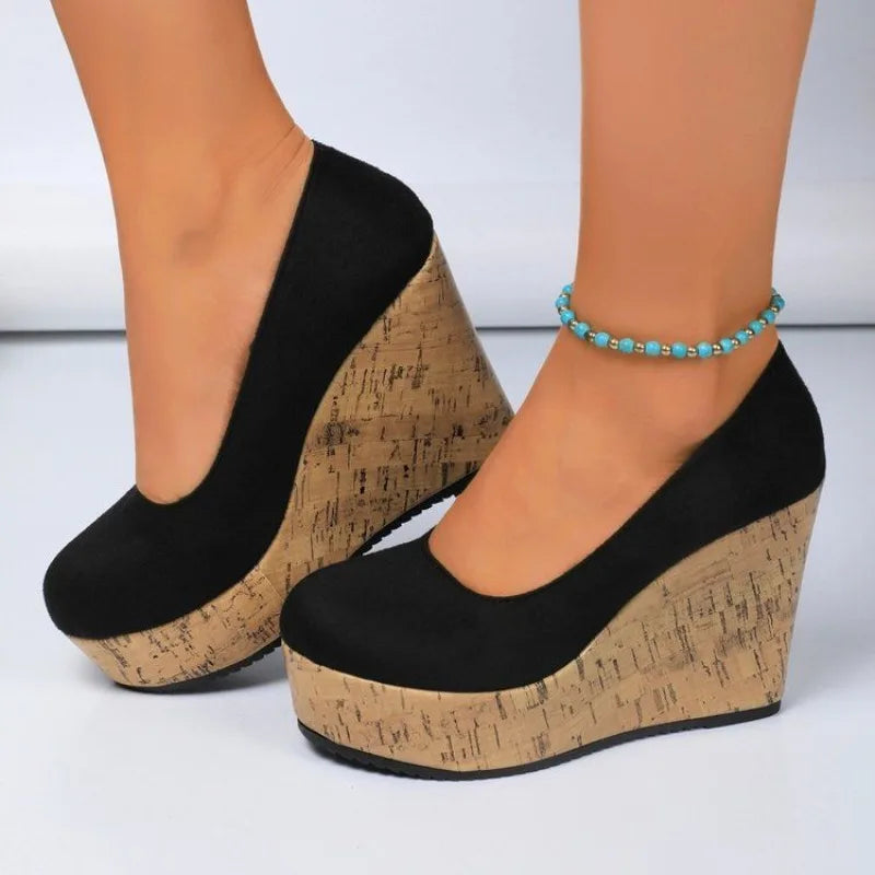 Comemore Women's Shoes Spring Roman Women's High Heels Retro Dress Pumps Women Round Toe Side Zip Super High Wedges Shoes Female