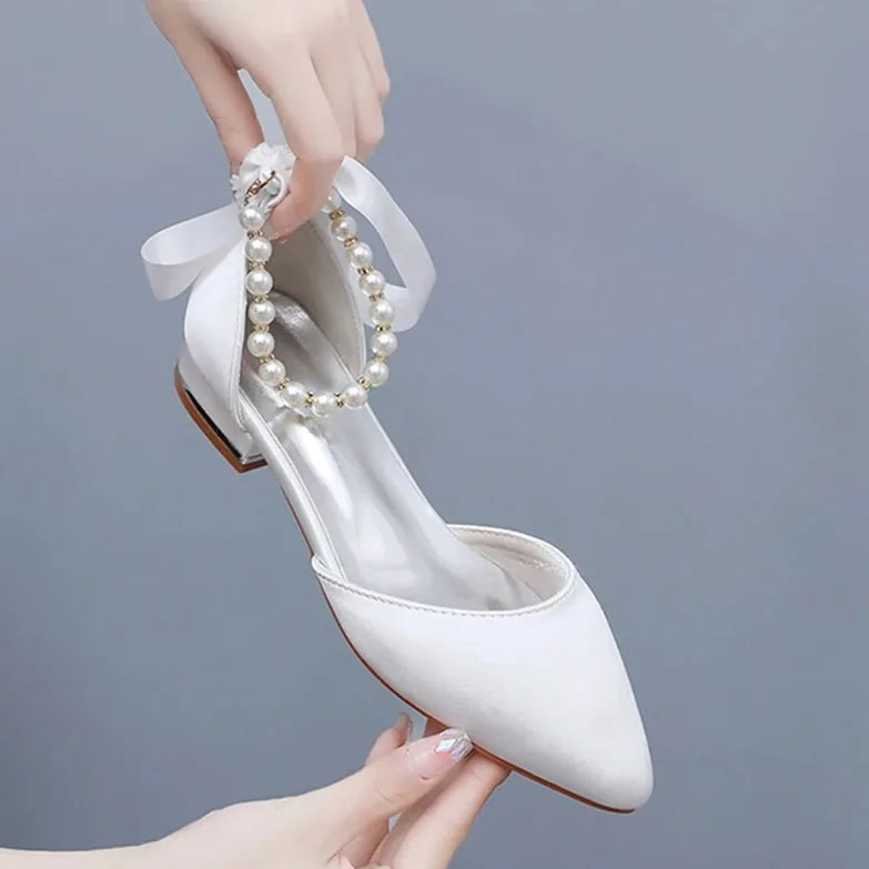 Wedding Shoes Bride Flat Heel Pointed Hollow Sandals Women White Satin Beaded Bride's Wedding Dress Shoes Sandalias De Mujer