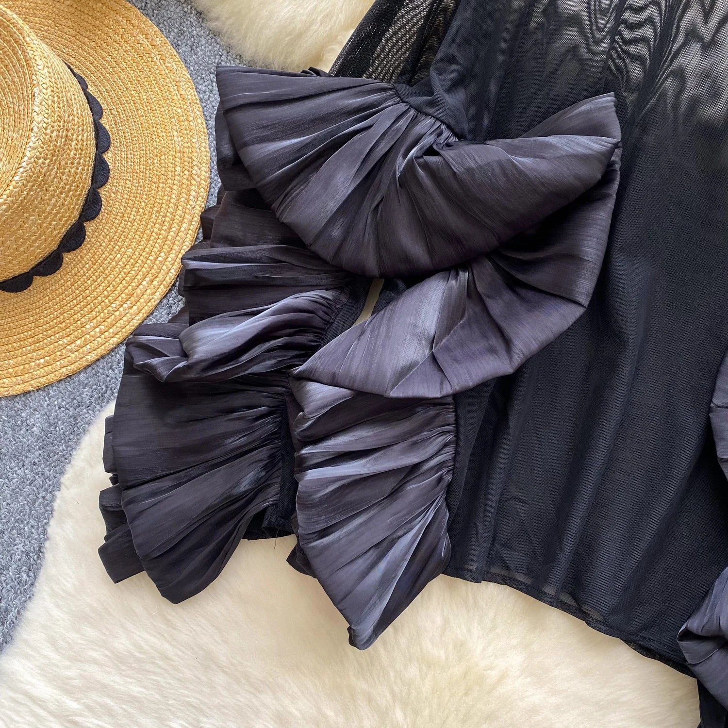 SINGREINY Autumn Ruffles Party Blouses Female O Neck Long Sleeves Temperament Mesh Shirts Women Senior Sheer Loose Thin Tops