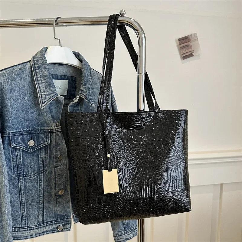 Fashion Casual Women Shoulder Bags Silver Gold Black Crocodile Handbag PU Leather Female Big Tote Bag Ladies Shopping Bag