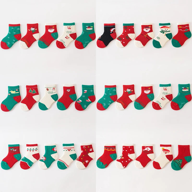 5Pairs Children Christmas Socks Thicken Cotton Newborn Warm Sock Autumn Winter Baby Mid Tube Sock 0-3year Boys Girls Footwear