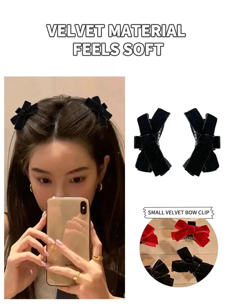2pcs Black Bow Small Grab Clip Women's Autumn And Winter Vintage Velvet Bangle Clip Hair Clip Style Princess Hair Clip Headwear