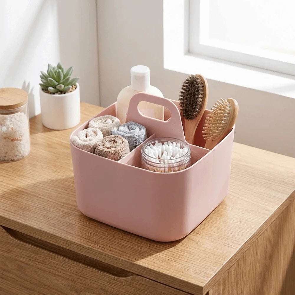 Plastic Cosmetic Organiser Multi-compartment with Handle Split Pen Organiser Divider Sorting Desk Storage Basket Office