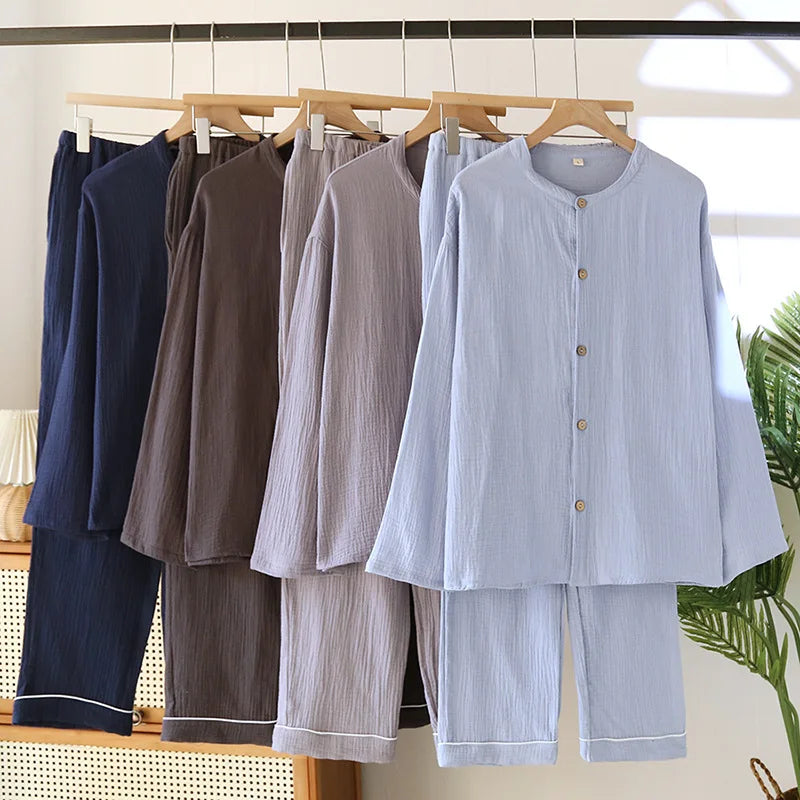 Men's Cotton Double-layer Gauze Pajamas Round Neck Long Sleeved Cardigan Home Trousers Pajamas Set for Spring and Summer