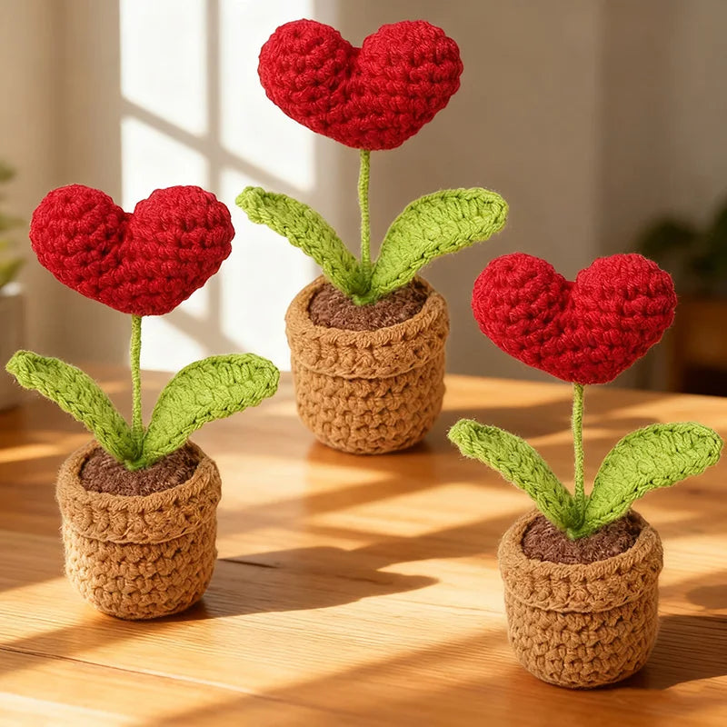 1-3pcs Handmade Knitted Flower Pot Red Heart Shaped Fake Plant Christmas Valentine's Day Mothers Day Gift Home Table Decoration