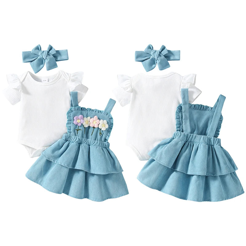Pudcoco Baby Girls Summer Outfit Short Sleeves Rompers and Crochet Flowers Suspender Skirt Headband 3 Piece Clothes Set 0-18M