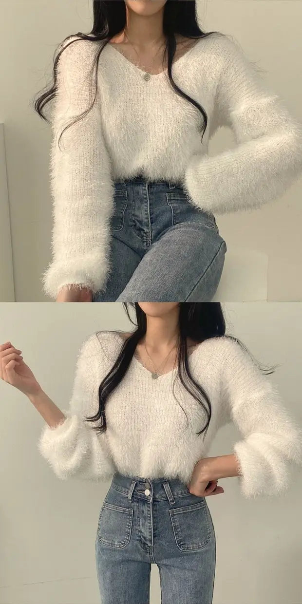 Women's Soft Cozy V-Ne Sweater Autumn Winter Faion Sweet Loose Fit Knitted Top Pink Color Trendy Ladies Sle Long Sve