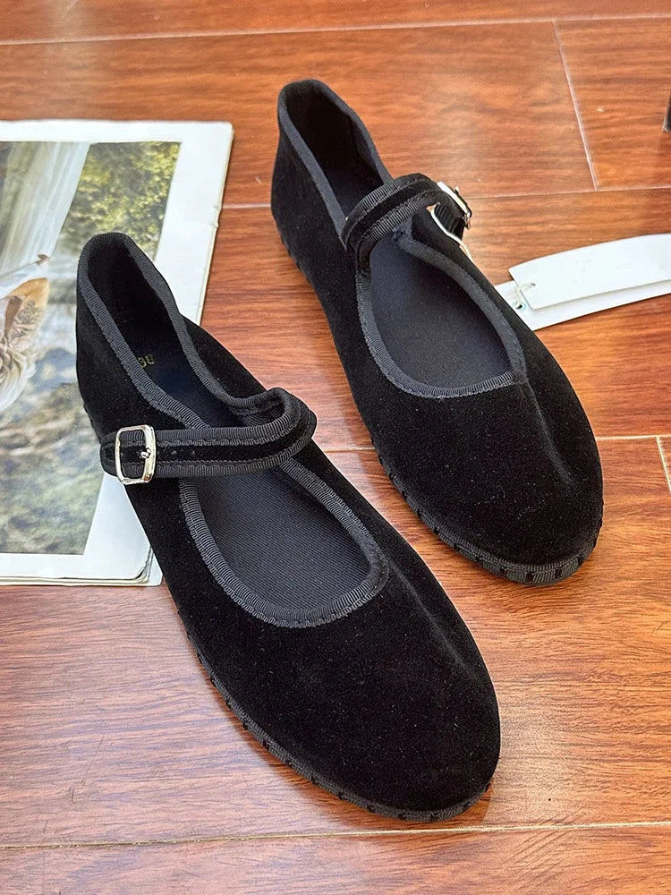 Elegant Mary Janes Flats Shoes Women Black Buckle Strap Shallow Casual Ballet Shoes Ladies Spring Autumn Canvas Loafers 2024