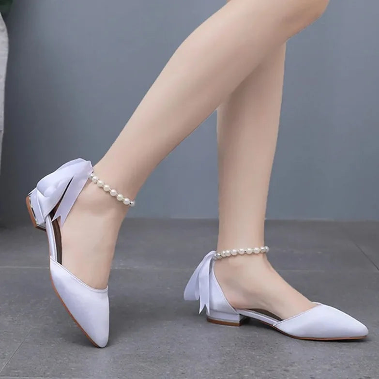 Wedding Shoes Bride Flat Heel Pointed Hollow Sandals Women White Satin Beaded Bride's Wedding Dress Shoes Sandalias De Mujer