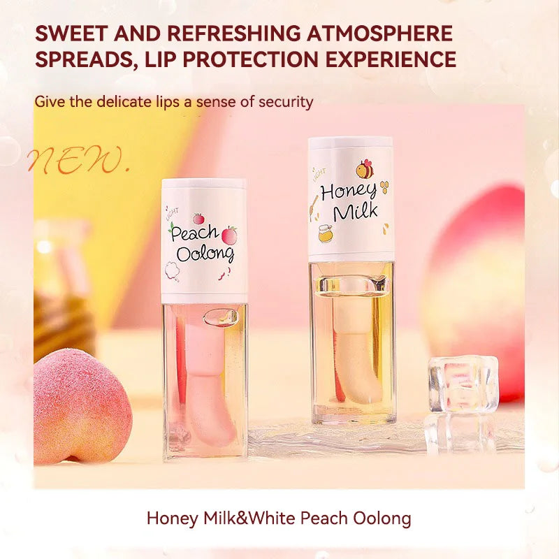Peach Milk Honey Lip Oil Relieves Dry Moisturizing Lip Gloss Fades Lip Lines Water Light Lips Big Brush Head Cute