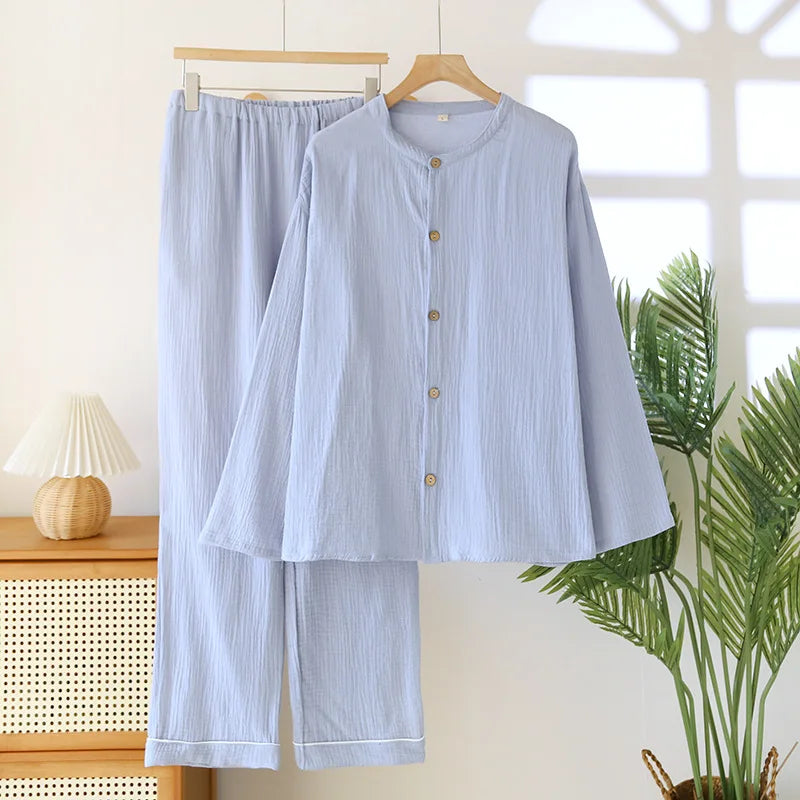 Men's Cotton Double-layer Gauze Pajamas Round Neck Long Sleeved Cardigan Home Trousers Pajamas Set for Spring and Summer
