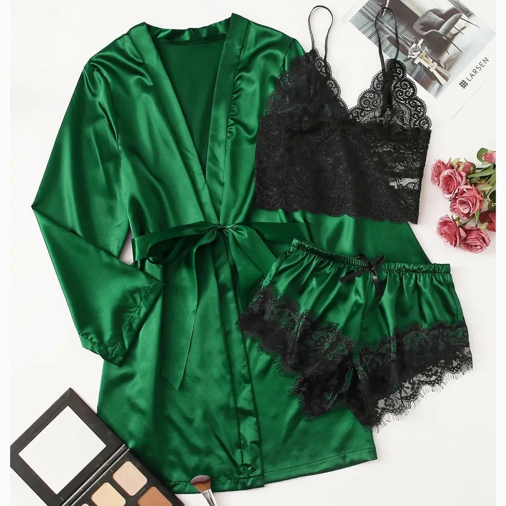 new Women's Sleep Lounge New Pajama Sets European American 4-piece set with lace satin suspender summer set for sleeping pajamas