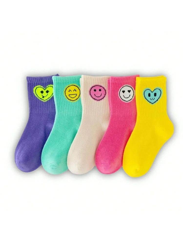 5 Pairs of Four Seasons Children's Socks New Sports Smiling Face Expression Boys and Girls Mid-calf High Socks