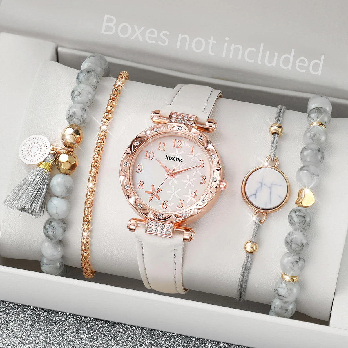 5PCS/Set Women's Watch Fashion Flowers Dial Leather Band Quartz Watches Beads Bracelet Set（Without Box）