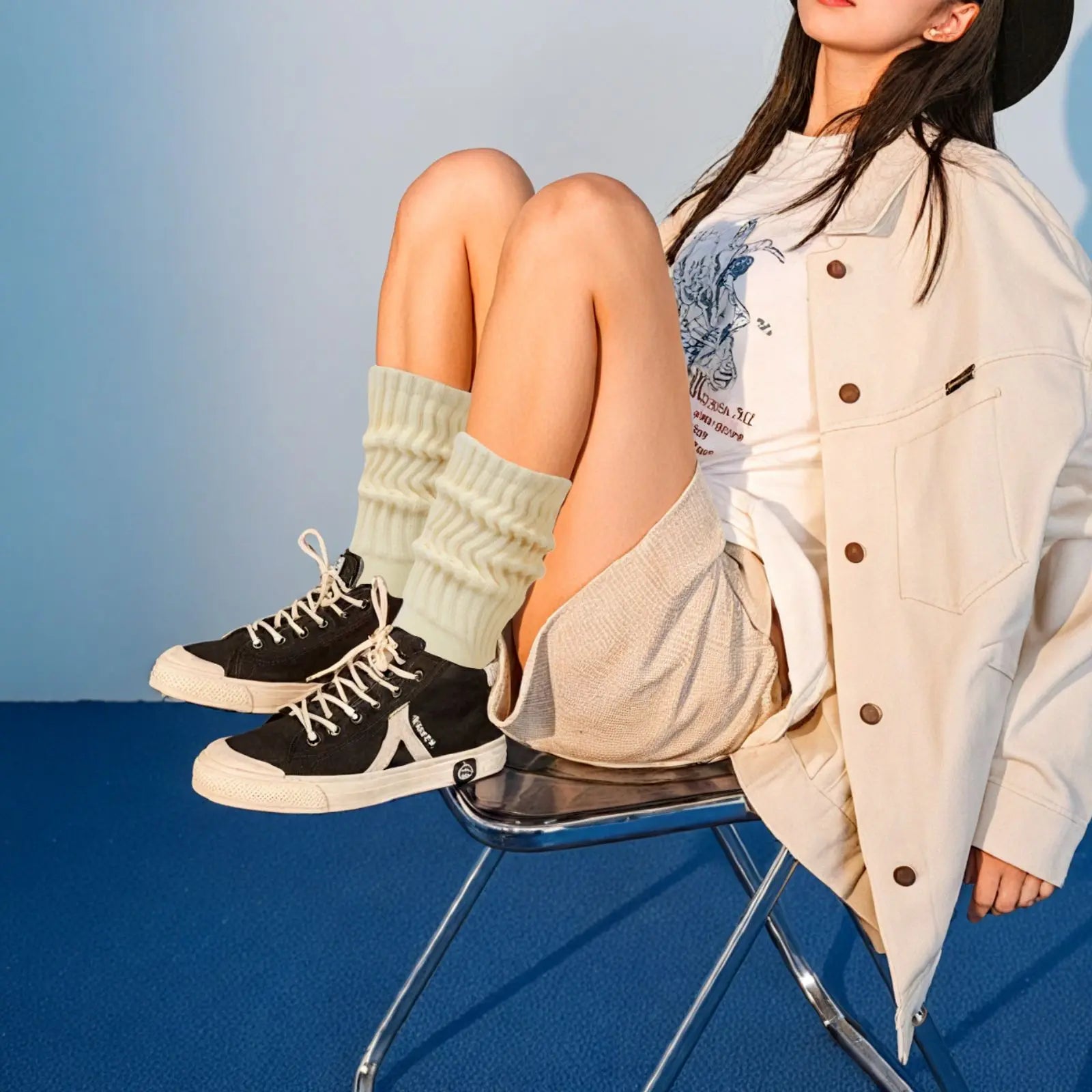 RMSWEETYIL Slouch Scrunch Stacked Socks for Women 80s 90s Slouch Cotton Thick Chunky Loose High Tube Boot Socks