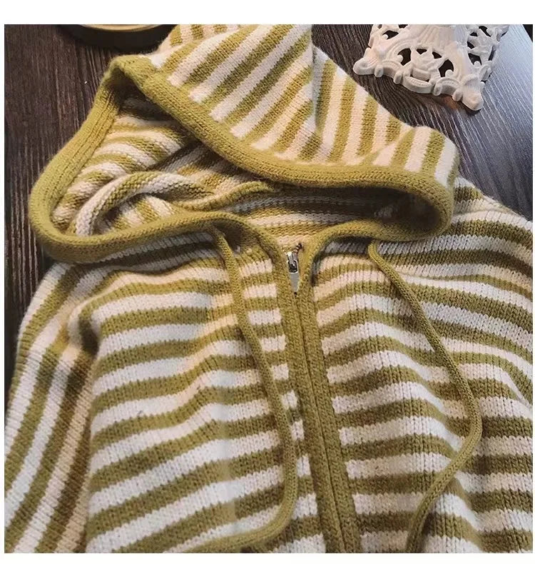 Oversized Knitted Striped Hooded Cardigan Women Autumn Winter Loose Casual Zipper Sweaters Versatile Knitting Outerwear
