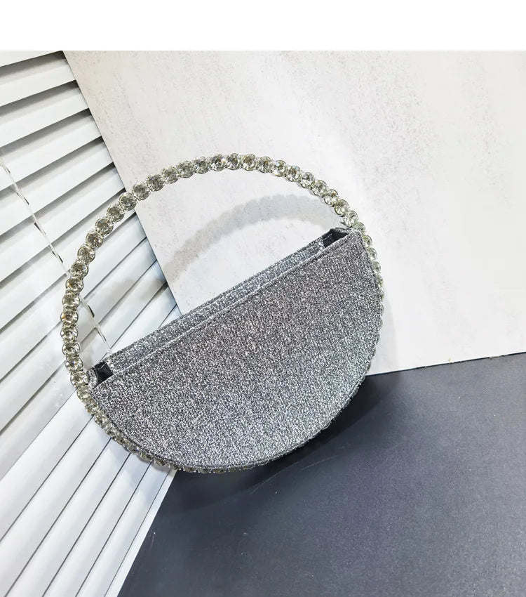 Lady Blue/Pink Diamond Circular Evening Bag Women Fushia Round Handle Rhinestone Dinner Clutch Purse Ladies Half Moon Handbags