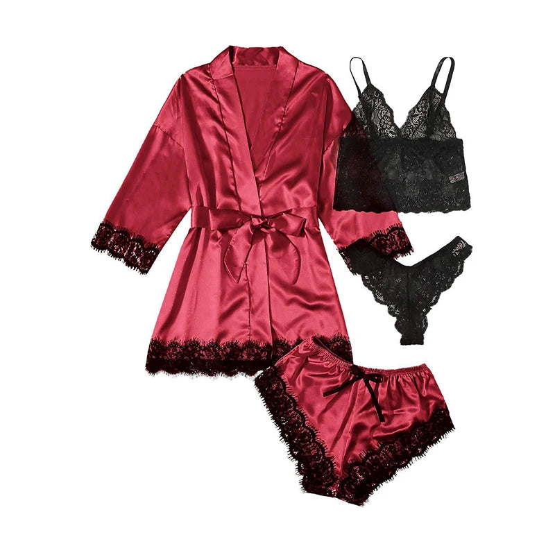 Women's Fashion Pajama Print Sexy Lace Trim Faux Silk Satin Pajama Set Gown Skin Friendly Comfort Loungewear Sexy Pajamas