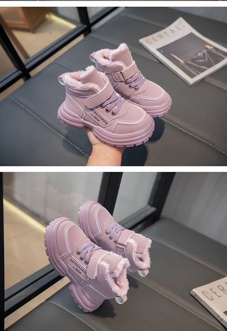 Boys Girls Sports Boots with Fur 2024 New Fashion Kids Ankle Boots Warm for Winter Sweet Students Short Boots Non-slip Soft Sole