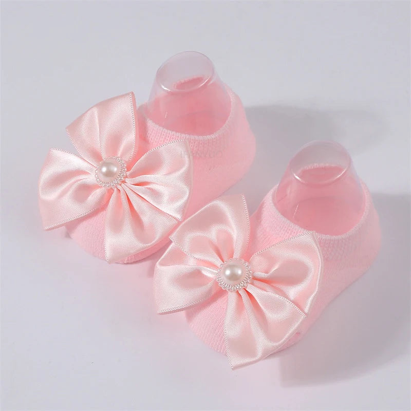 Baby Pearl Bow Solid Color Floor Socks Newborn Infant Knitted Breathable Socks Sweet Cute Girls Princess Children Birthday Gifts