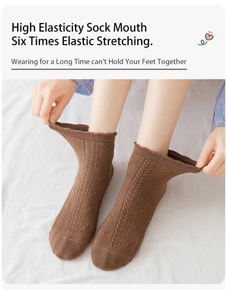 6 Pair Women Is Summer Thin Gradient Solid Cotton Simple Sweet Cute Socks Comfortable Wood Ear Edge Lolita Fashion Wear