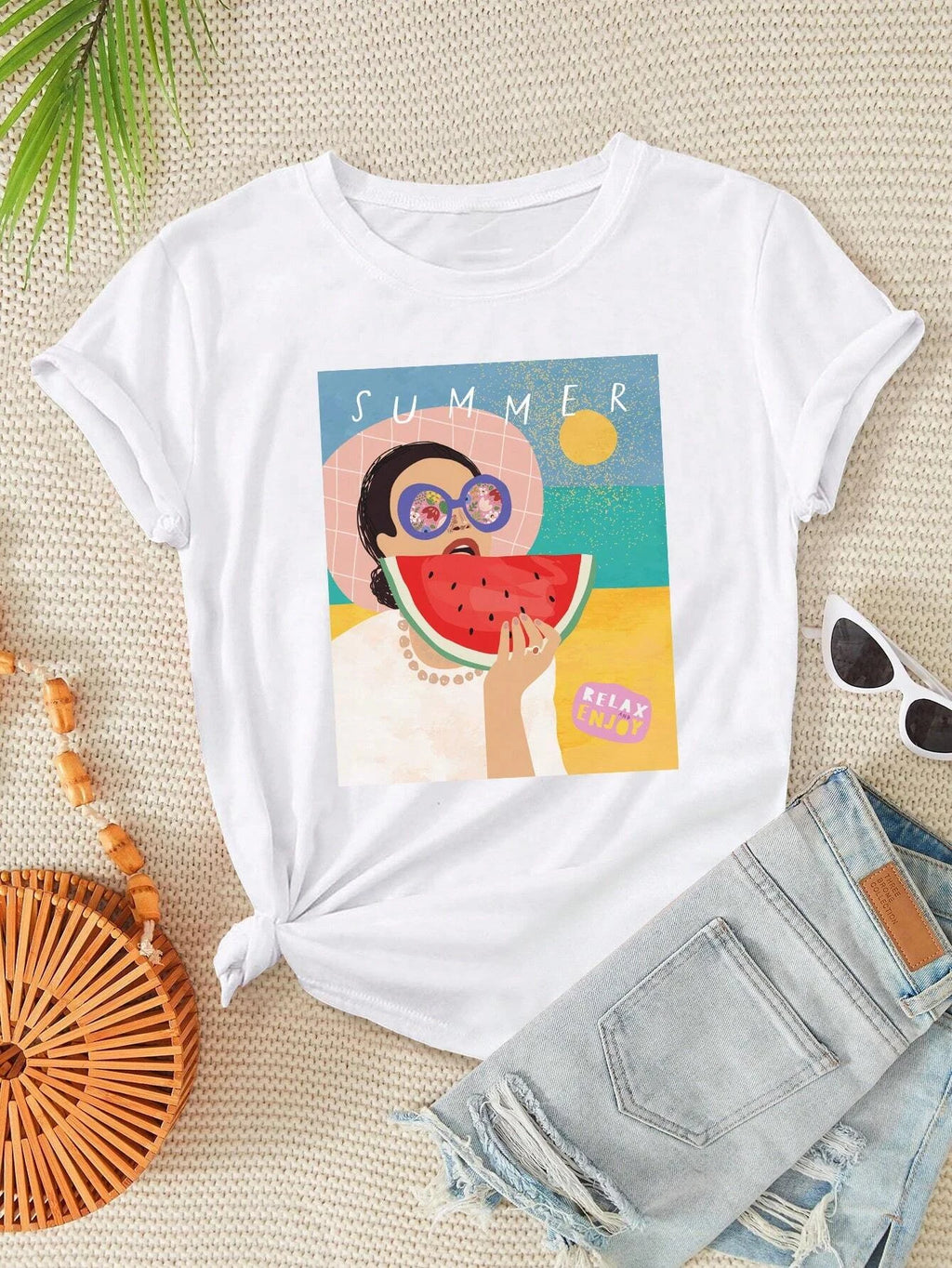 Eating Watermelon On The Beach Pattern Painting Tees Comfy Soft Women T-Shirt Trendy Nice Clothes Daily Versatile Short Sleeve