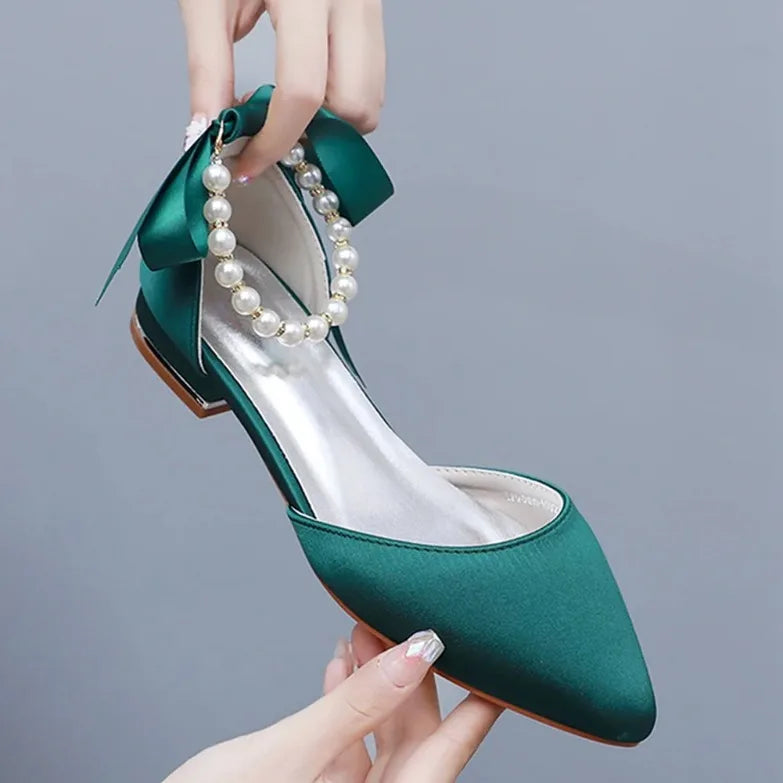 Wedding Shoes Bride Flat Heel Pointed Hollow Sandals Women White Satin Beaded Bride's Wedding Dress Shoes Sandalias De Mujer