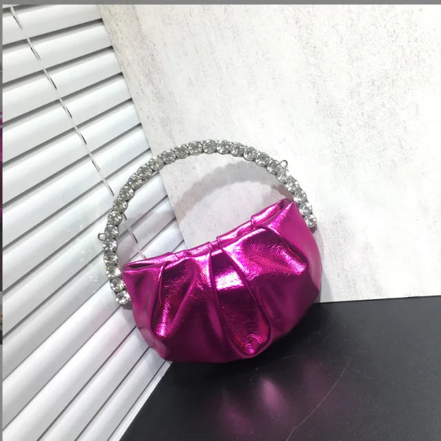 Lady Blue/Pink Diamond Circular Evening Bag Women Fushia Round Handle Rhinestone Dinner Clutch Purse Ladies Half Moon Handbags